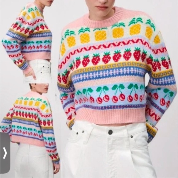 Zara Jacquard Fruit Strawberry Cherry Pineapple Sweater M Knit Fall Blogger Fave - Picture 1 of 16